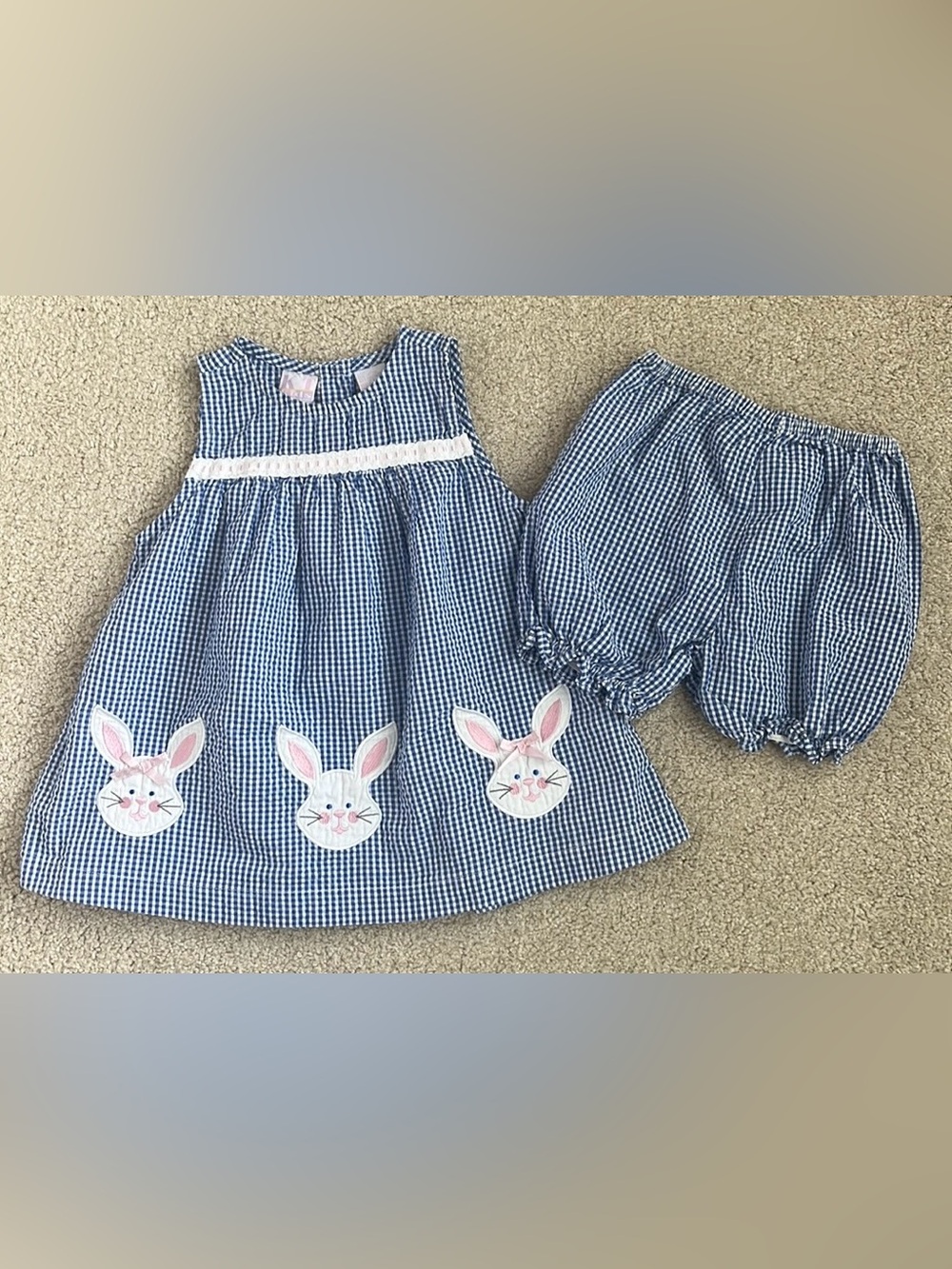 Vintage KT Kids blue Gingham Bunny Appliqué Kids dress and diaper cover set, 2T